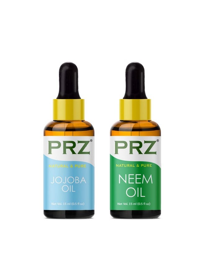 Combo Of Cold Pressed Jojoba Oil & Neem Oil, 100% Pure Natural & Therapeutic Grade Oil For Aromatherapy, Body Massage, Skin Care & Hair Growth (15Ml Each)