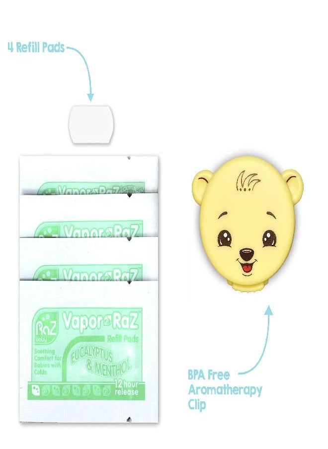 RaZbaby Vapor-Raz Clip-On Vaporizer - Cough & Cold Relief - Use at Home & On The Go - Al Natural Menthol & Eucalyptus Baby Oil Aromatherapy - 4 Vapor Pads Refills