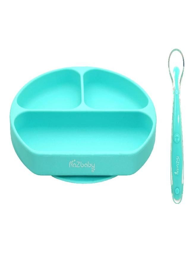 RaZbaby Silicone Suction Baby Plate w/Silicone Spoon | Built-in Place-Mat for Infants + Toddlers | First Foods + Self-Feeding | Baby's First Plate | Perfect for Led Weaning | Stays in Place | (Aqua)