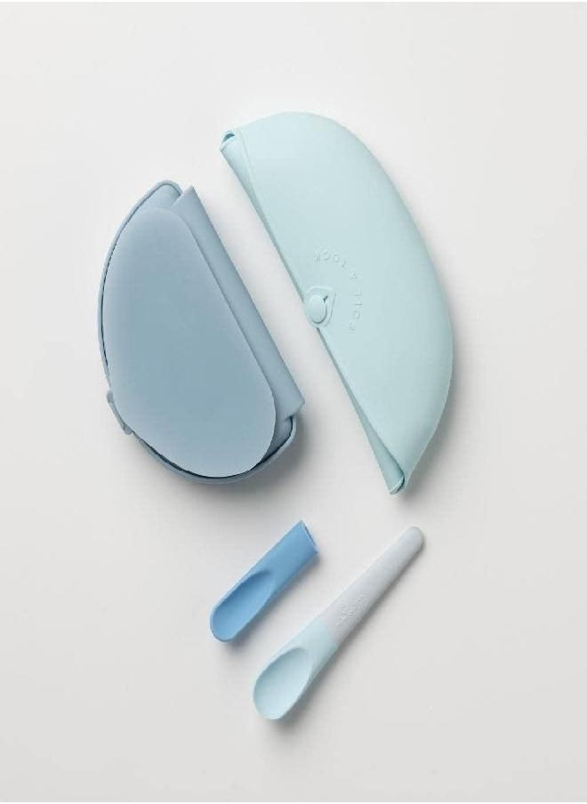Miniware Sili Mini Go Baby Feeding Travel Set with Silifold Bento Container, Pre2Pro Spoon, Roll & Lock Bib | Perfect for On The Go Feeding (Blue Banana)
