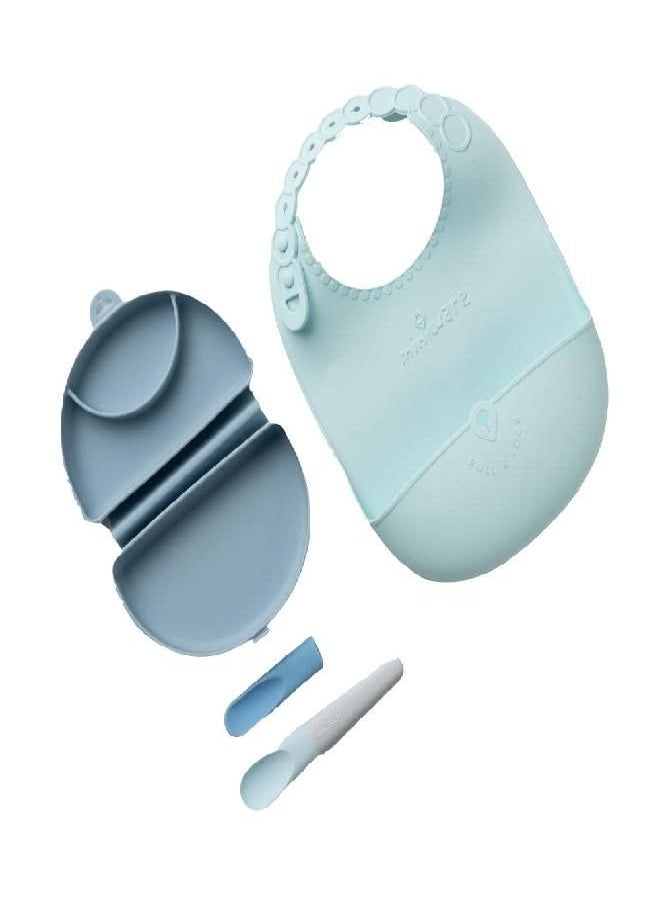 Miniware Sili Mini Go Baby Feeding Travel Set with Silifold Bento Container, Pre2Pro Spoon, Roll & Lock Bib | Perfect for On The Go Feeding (Blue Banana)