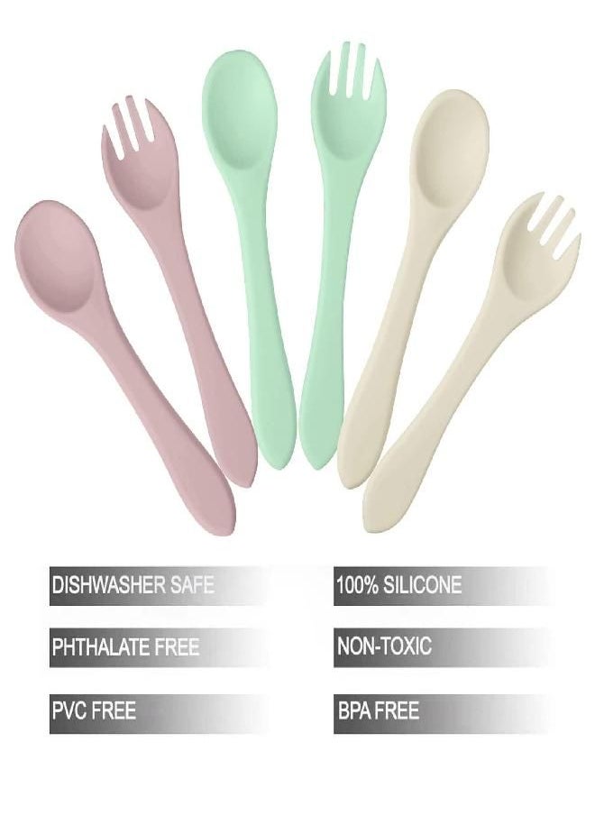 PandaEar Silicone Baby Spoon and Fork Set| 6 Pack First Stage Baby Self Feeding Spoons 6+ Months| Toddler Baby Utensils 6-12 Months| Infant Baby LED Weaning Spoons Feeding Supplies