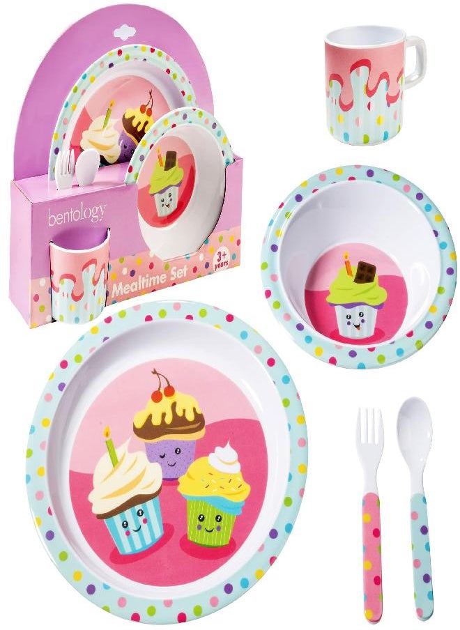 5 Pc Mealtime Feeding Set for Kids and Toddlers - Cupcake - Includes Plate, Bowl, Cup, Fork and Spoon Utensil Flatware - Durable, Dishwasher Safe, BPA Free