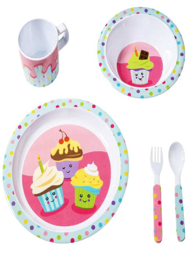 5 Pc Mealtime Feeding Set for Kids and Toddlers - Cupcake - Includes Plate, Bowl, Cup, Fork and Spoon Utensil Flatware - Durable, Dishwasher Safe, BPA Free