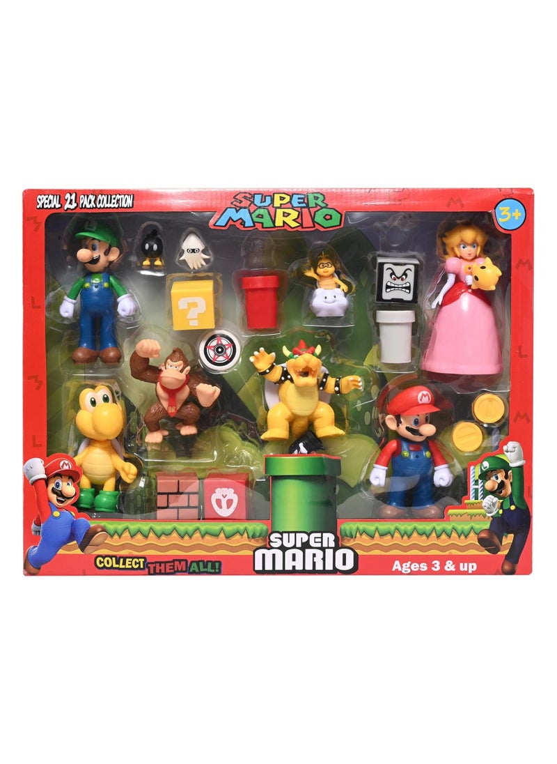 Action Figure Mario Set of 21 Pieces - Super Mario Collectibles, Figurines, Toys for Kids, Fans & Gamers | Durable, High-Quality Playset for Play & Display