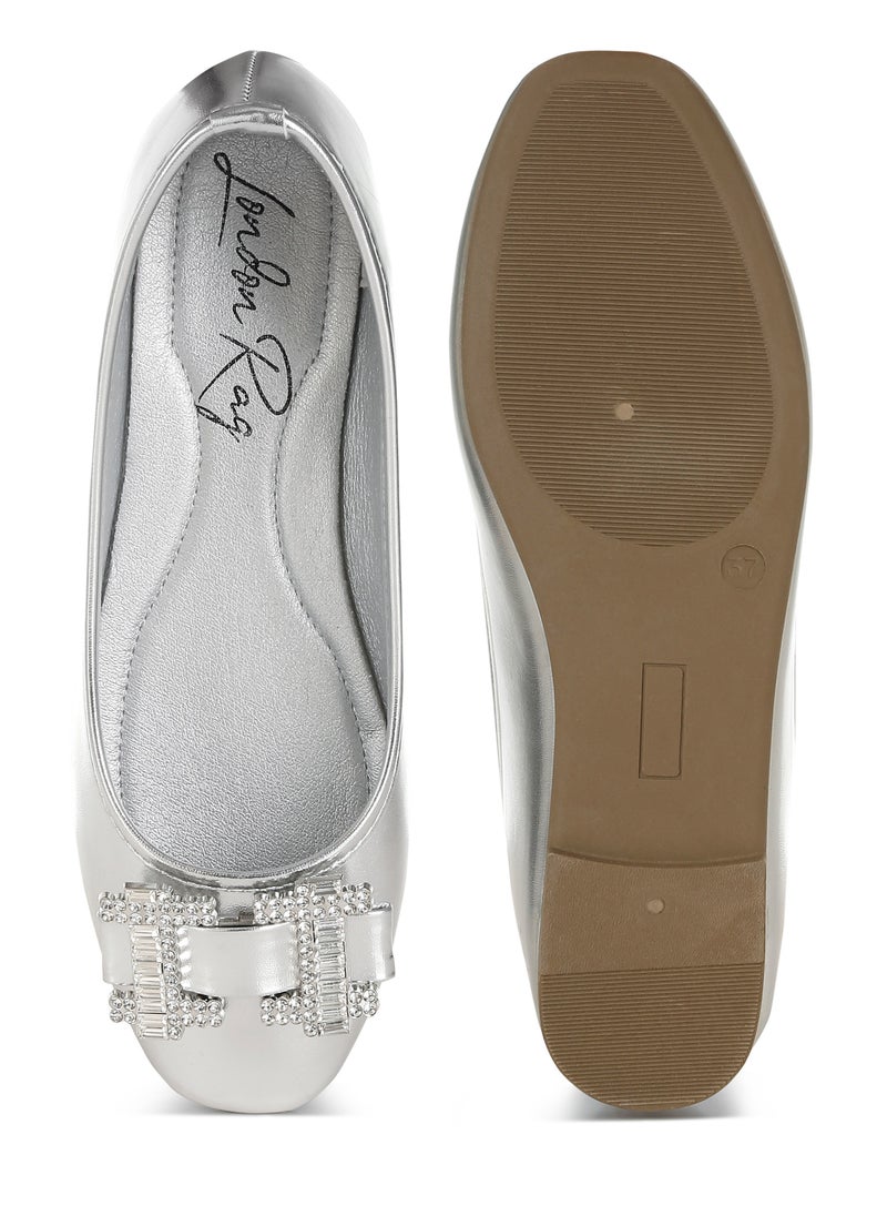 Rhinestone Buckle Metallic Ballerinas in Silver