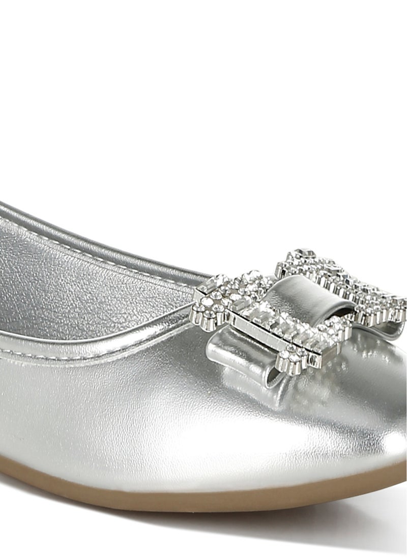 Rhinestone Buckle Metallic Ballerinas in Silver