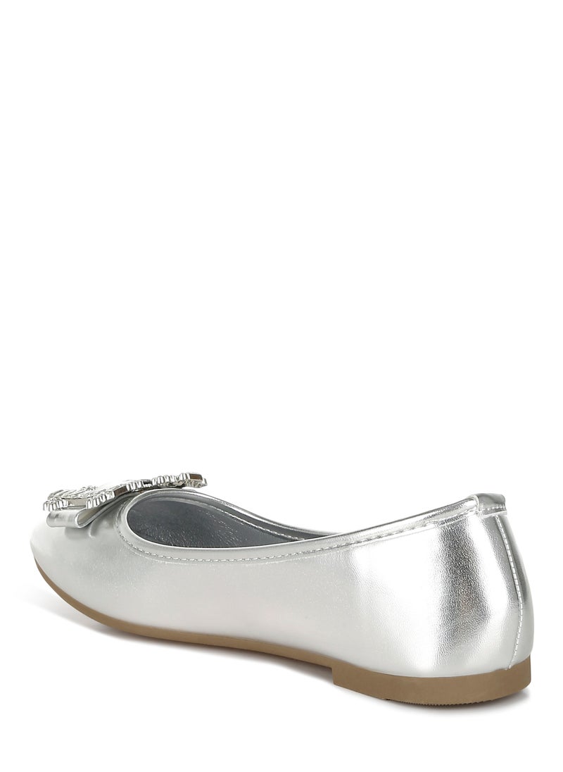 Rhinestone Buckle Metallic Ballerinas in Silver