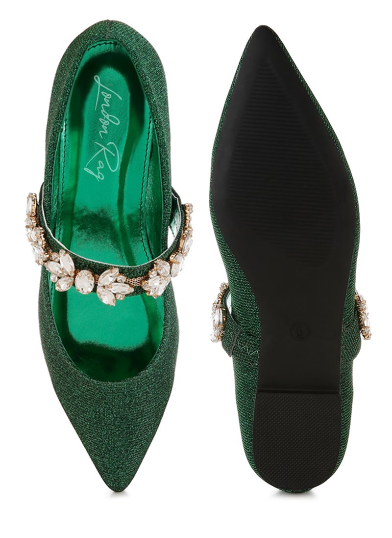 Diamante Brooch Glitter Ballerinas in Green