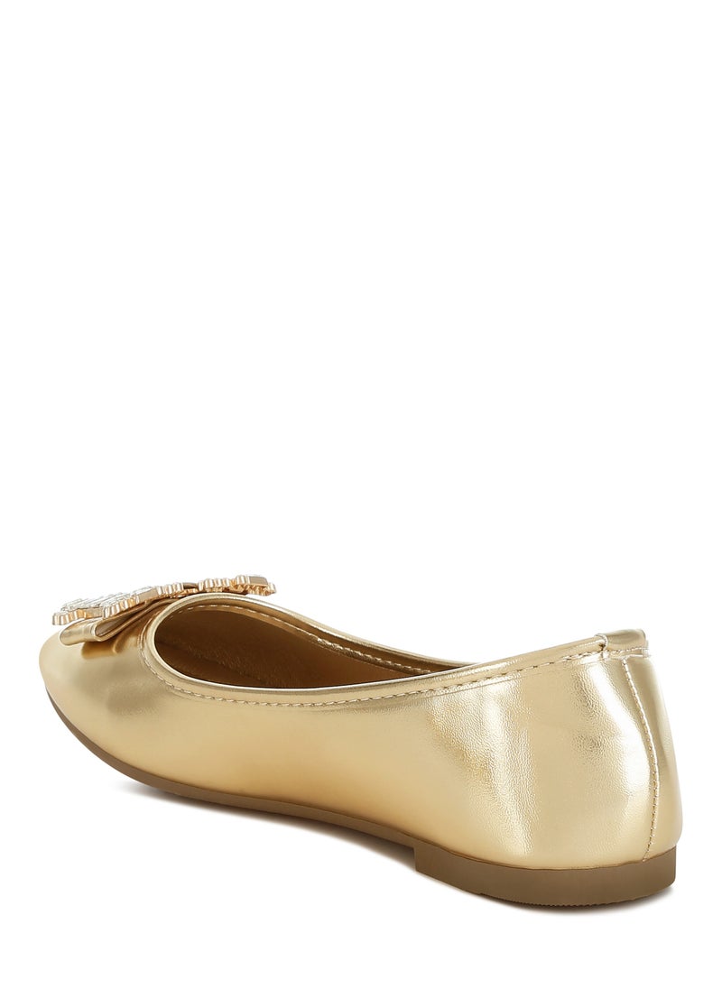 Rhinestone Buckle Metallic Ballerinas in Gold