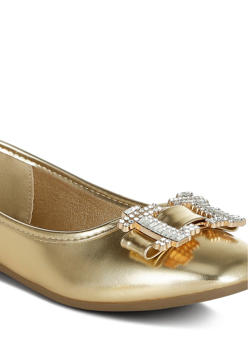 Rhinestone Buckle Metallic Ballerinas in Gold