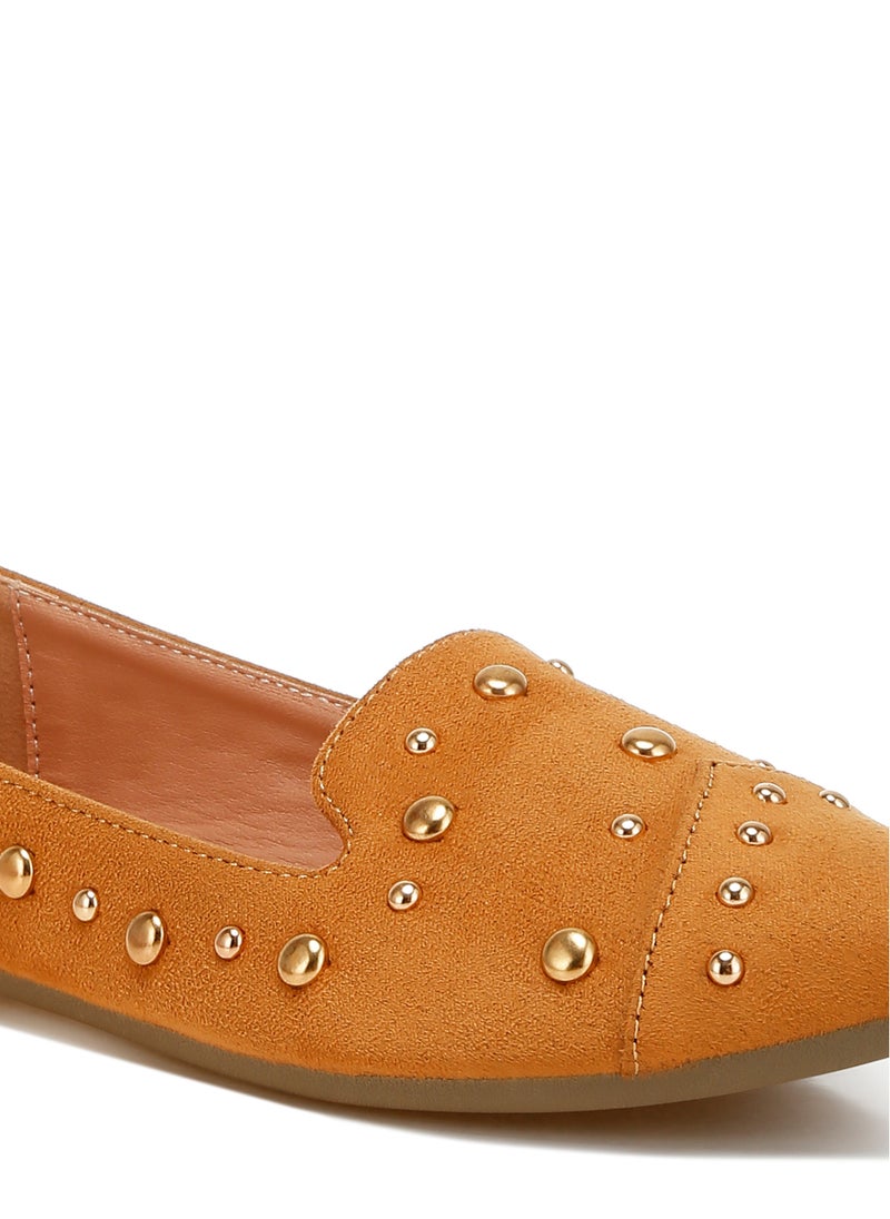 Stud Emebllished Ballet Flats in Tan