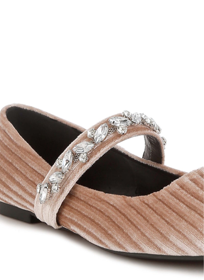 Diamante Brooch Velvet Ballerinas in Beige