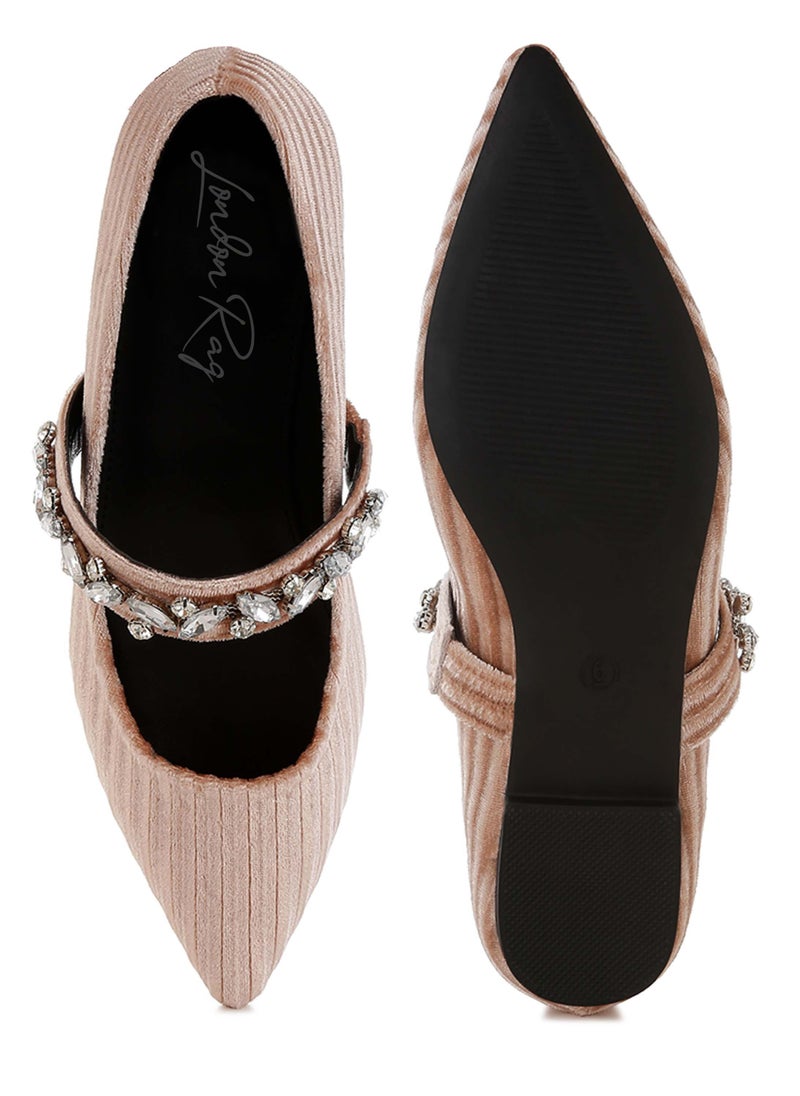 Diamante Brooch Velvet Ballerinas in Beige