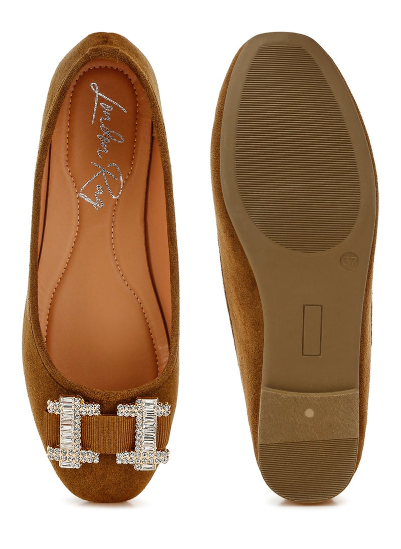 Rhinestone Buckle Detail Ballerinas in Tan