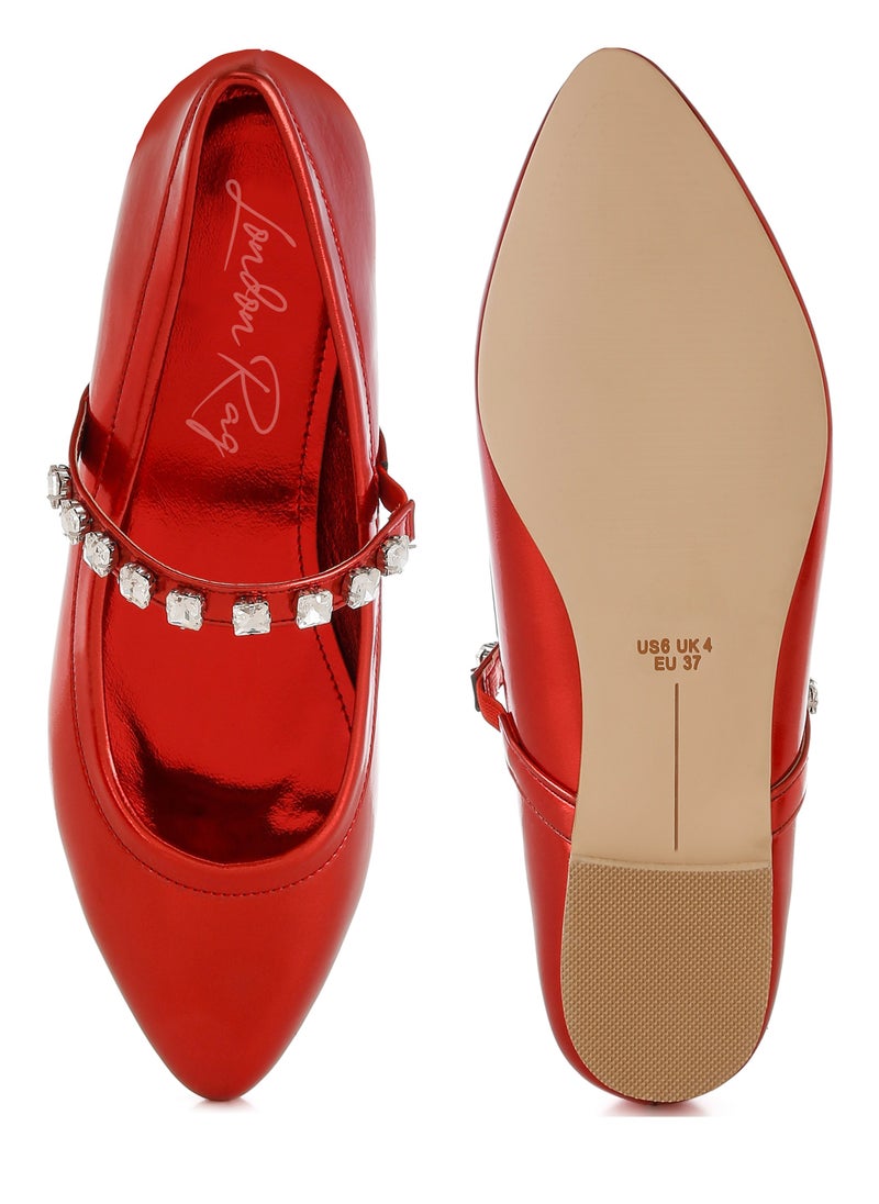 Metallic Mary Jane Ballerinas in Red