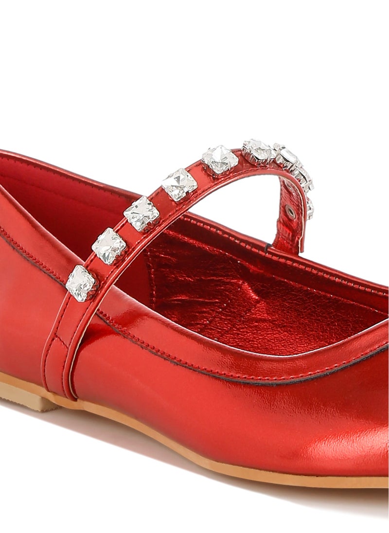 Metallic Mary Jane Ballerinas in Red