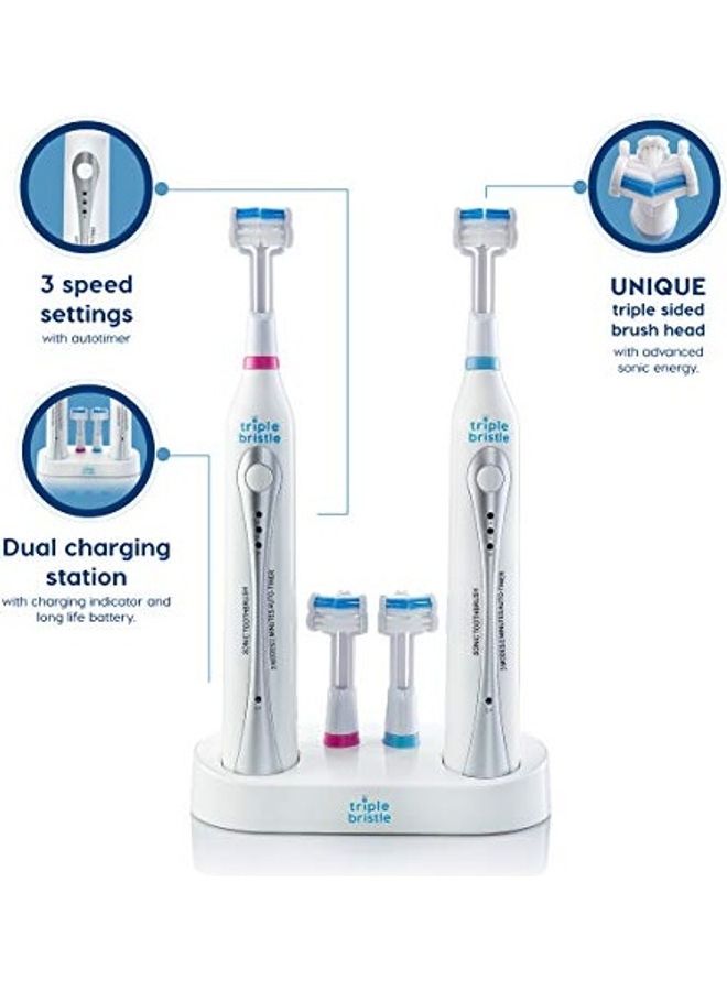 2-Piece Sonic Toothbrushes With Dual Charging Station And Heads Set White/Red/Blue