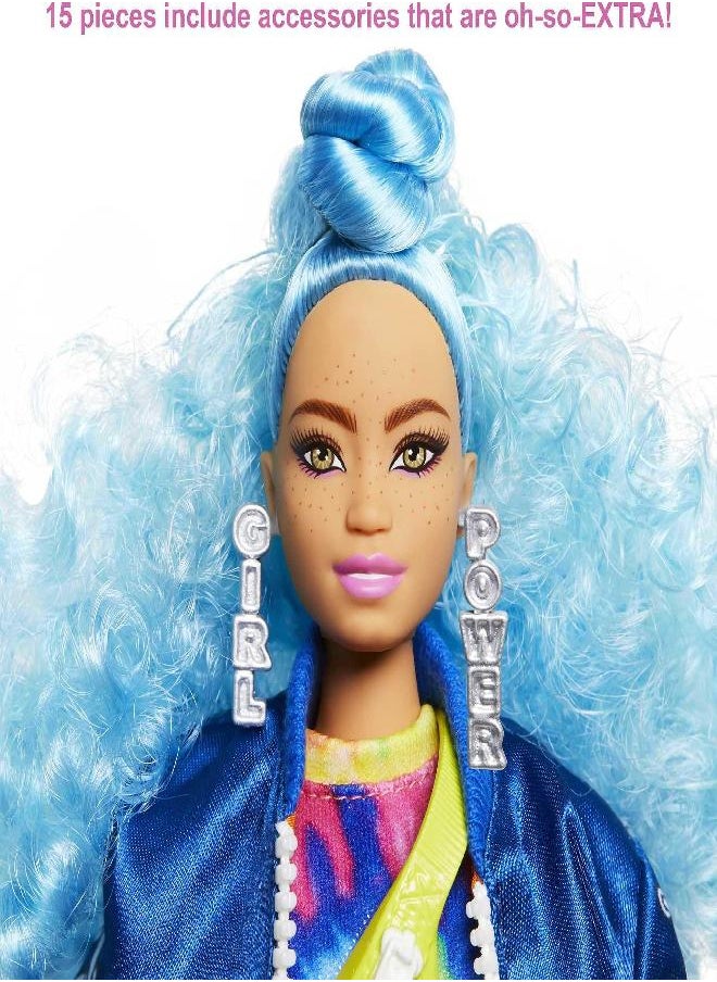 Barbie Extra Doll & Accessories with Curvy Shape & Extra-Curly Blue Hair in Zippered Bomber Jacket with 2 Kittens