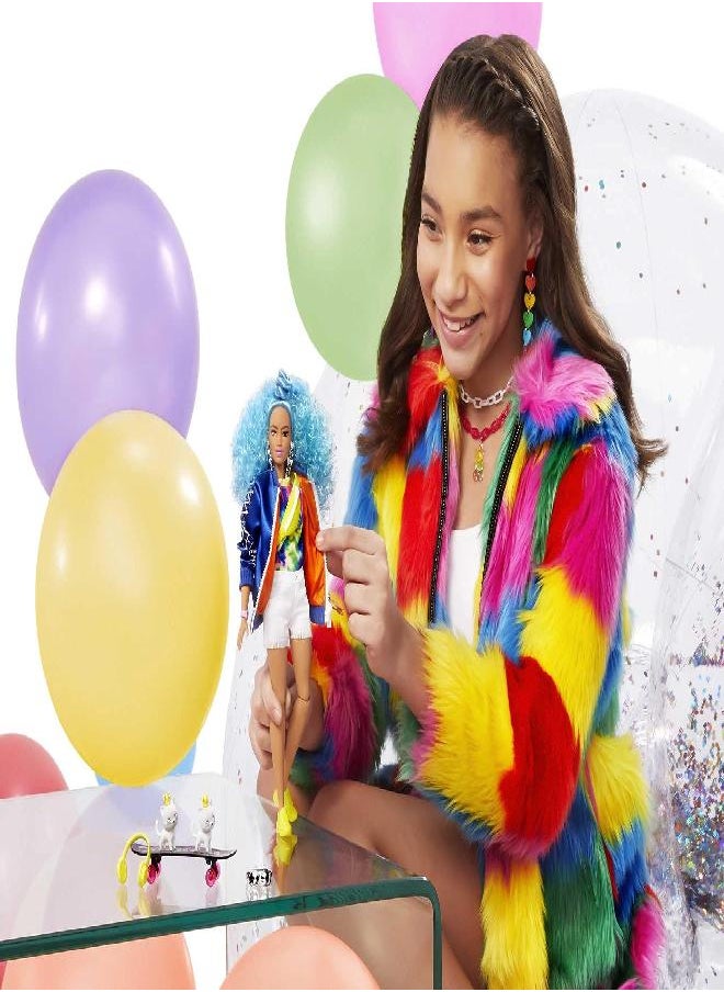 Barbie Extra Doll & Accessories with Curvy Shape & Extra-Curly Blue Hair in Zippered Bomber Jacket with 2 Kittens