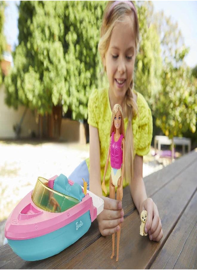 Barbie Toy Boat with Pet Puppy, Life Vest and Beverage Accessories, Fits 3 Dolls and Floats in Water