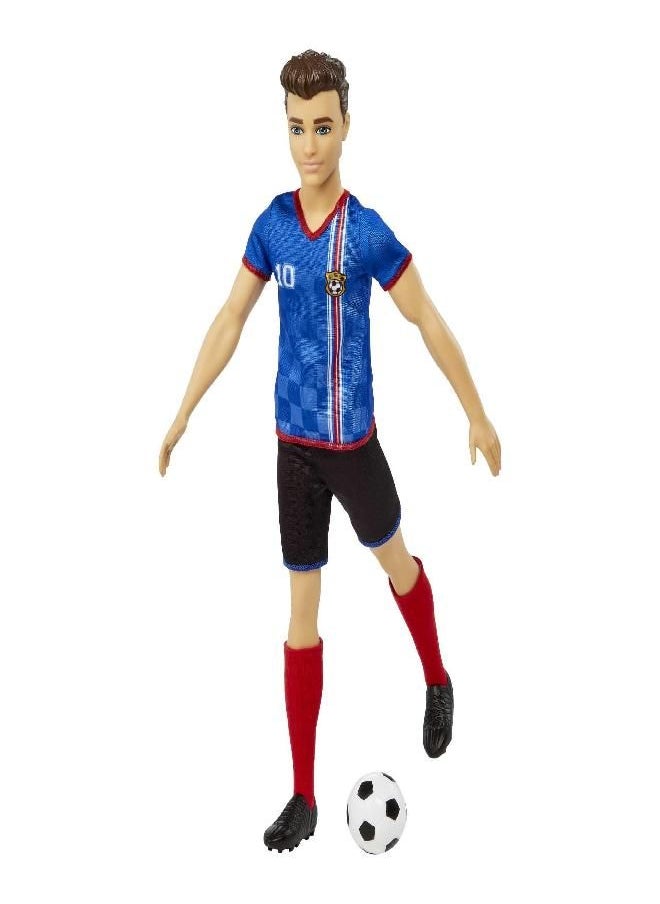Barbie Soccer Ken Doll with Cropped Hair, Colorful #10 Uniform, Soccer Ball, Cleats & Tall Socks, Soccer Ball