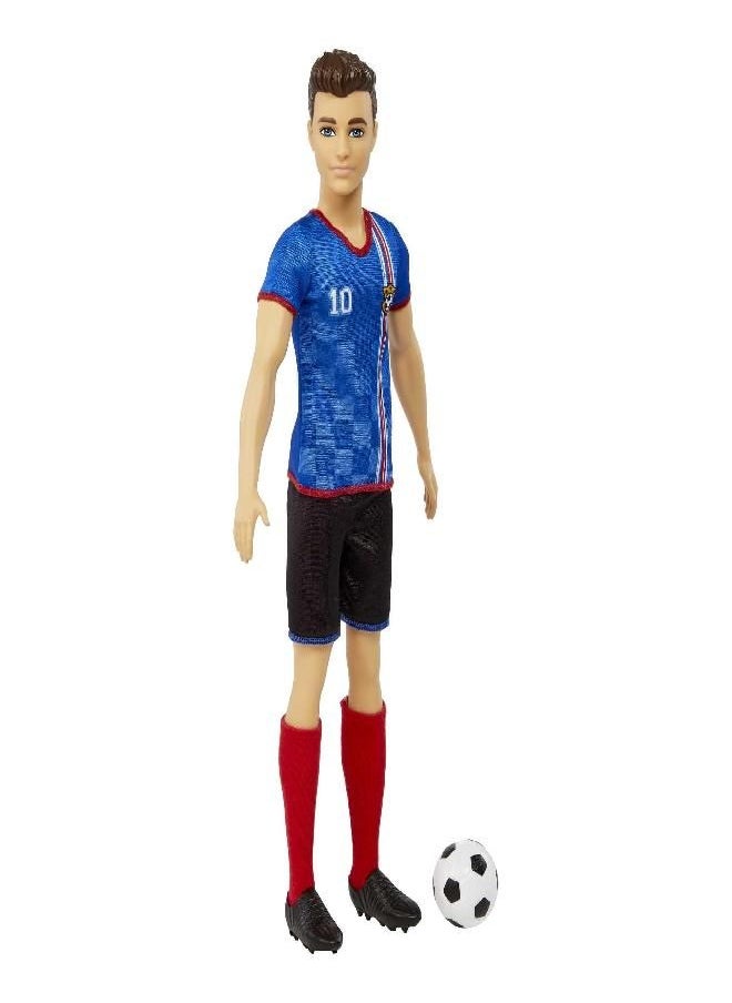 Barbie Soccer Ken Doll with Cropped Hair, Colorful #10 Uniform, Soccer Ball, Cleats & Tall Socks, Soccer Ball