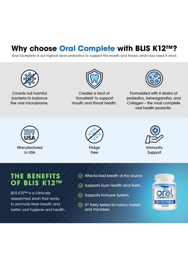 Oral Complete 11-In-1 Dental Probiotics, Bad Breath Treatment Halitosis Tonsil Stone With Non-Gmo With Blis K12, Ashwagandha And Collagen, 120 Capsules