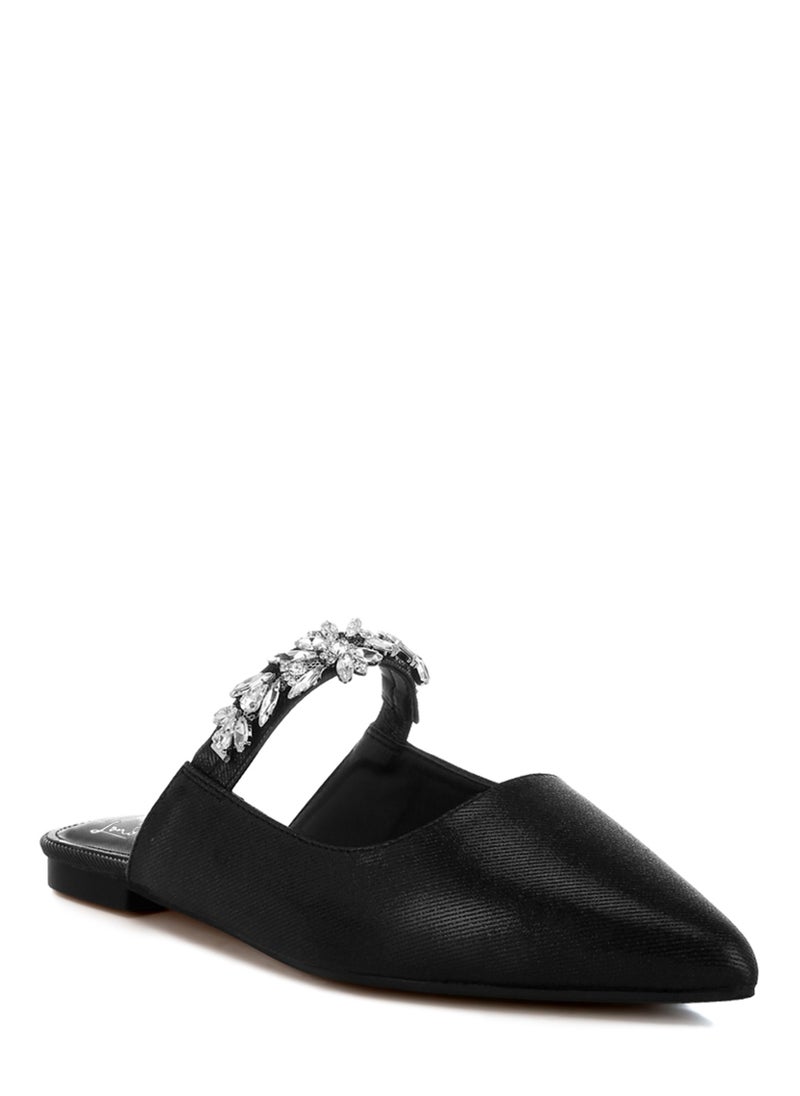 Diamante Strap Glitter Mules in Black