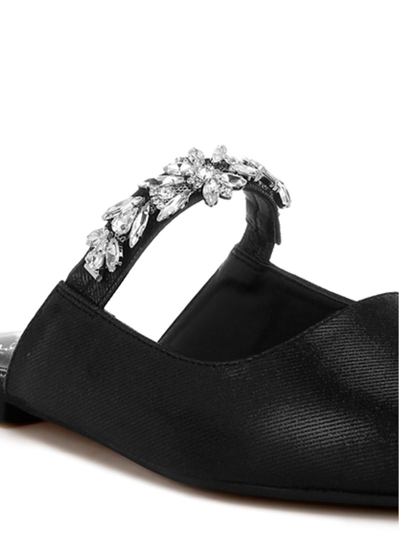 Diamante Strap Glitter Mules in Black