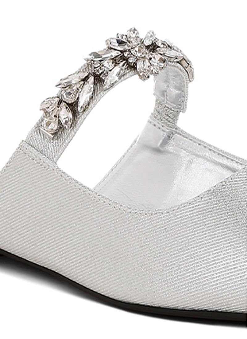 Diamante Strap Glitter Mules in Silver