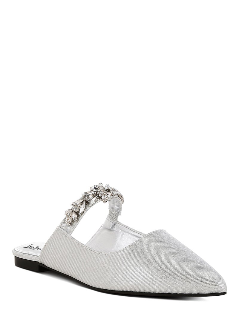 Diamante Strap Glitter Mules in Silver