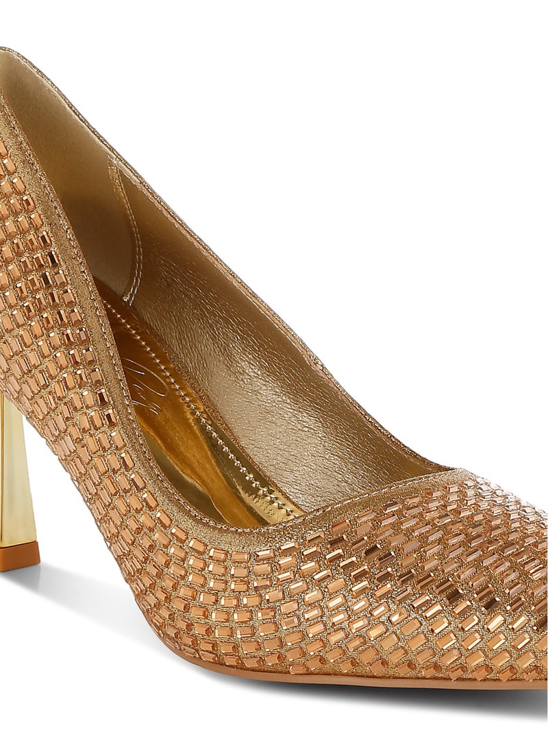 Rhinestones Embellished Pumps in Gold