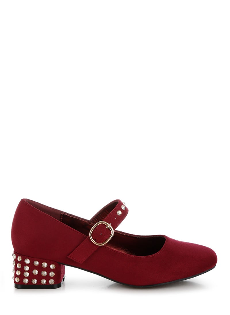 Studded Mary Jane Pumps in Burgundy