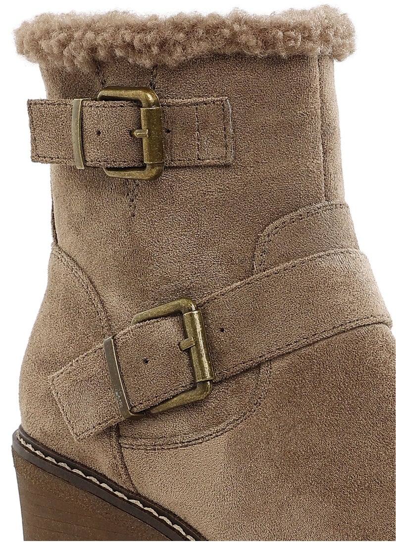 Faux Fur Harness Boots in Taupe