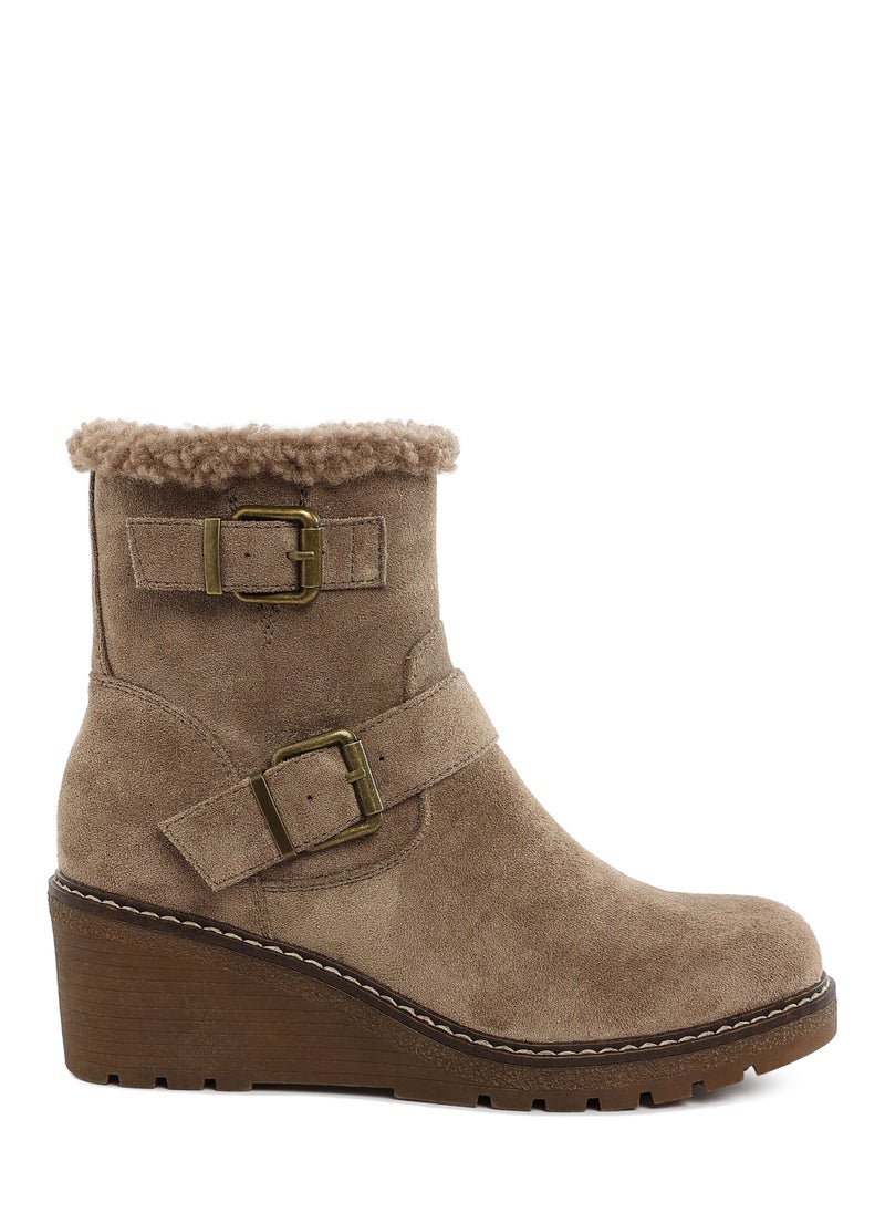 Faux Fur Harness Boots in Taupe