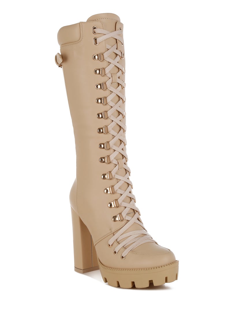 Beige Cushion Collared Lace Up Boots