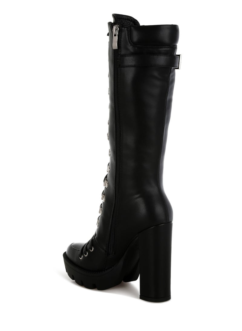 Black Cushion Collared Lace Up Boots