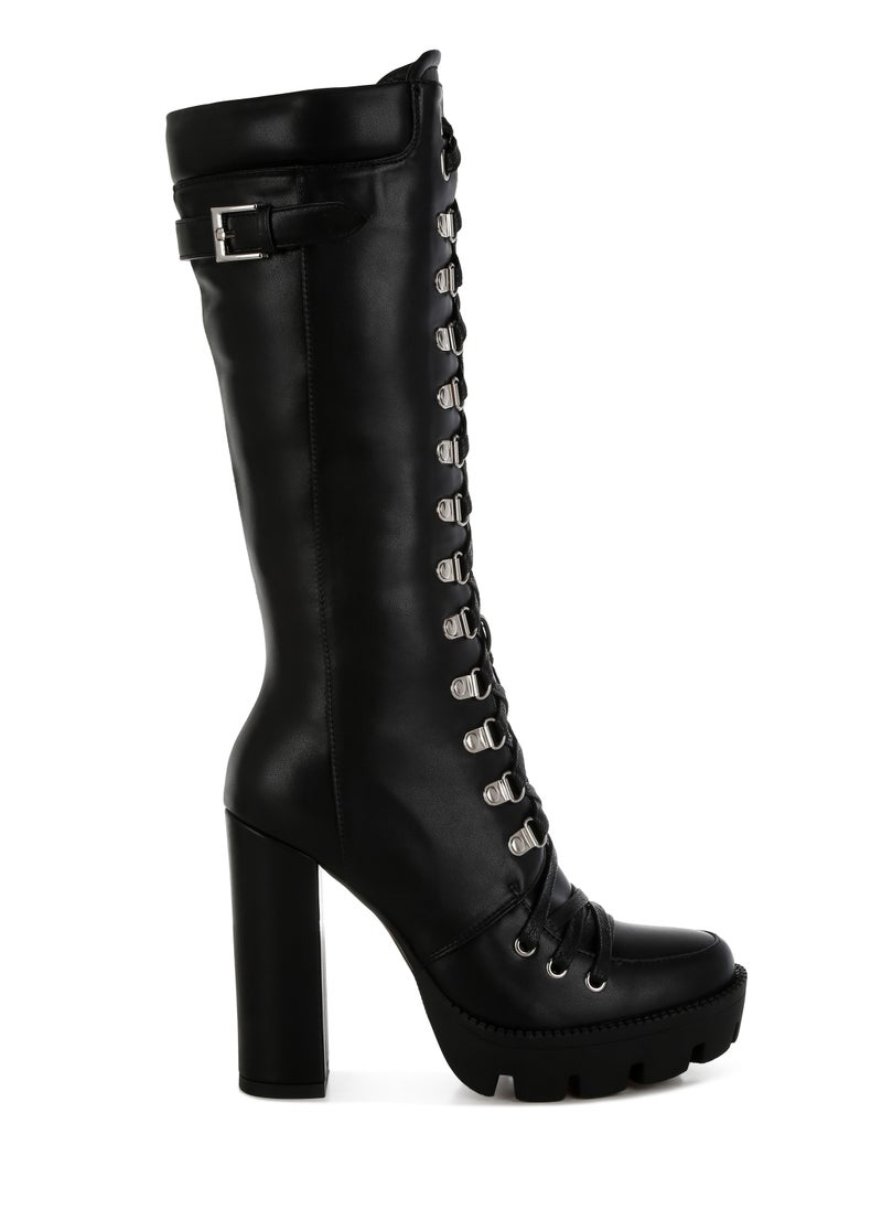 Black Cushion Collared Lace Up Boots