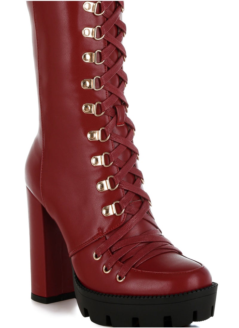 Burgundy Cushion Collared Lace Up Boots