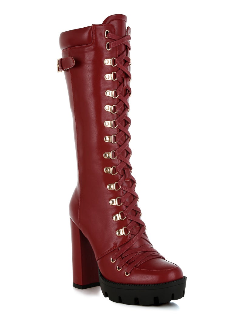 Burgundy Cushion Collared Lace Up Boots