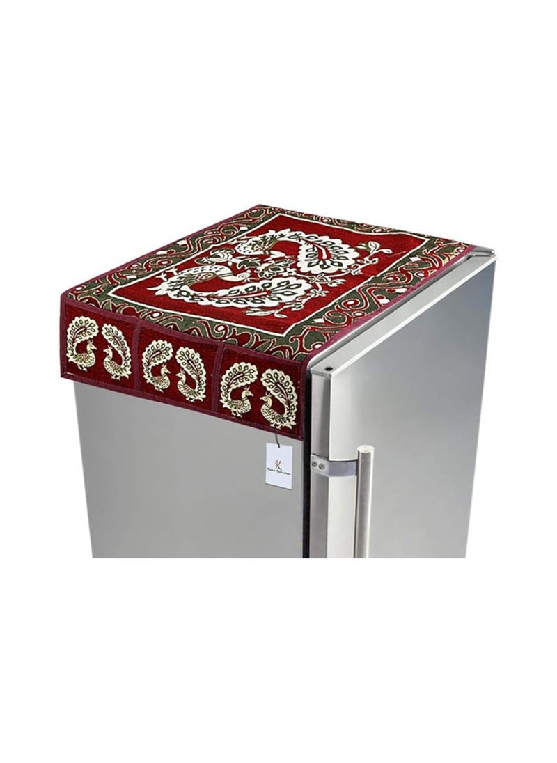 Kuber Industries Red Cotton Fridge Top Cover Peacock Design Fc09