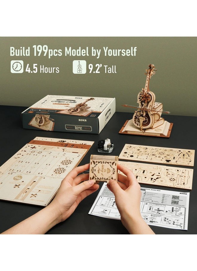 3D Puzzles For Adults 1:5 Scale Cello Model Kit With Base 199Pcs Wooden Music Box Building Kit Desk Gift For Men Women Hobby For Adults