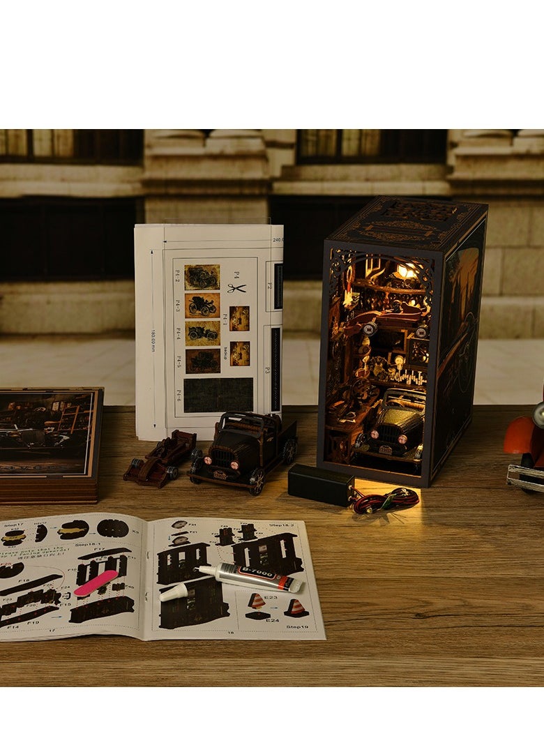 Book Nook Kit, Car Model Toys，DIY Miniature House Booknook Dollhouse Kit for Adults and Teens, 3D Wooden Puzzle Bookend Night Light Decor, Tiny Magic House Model Build Gift (Car Gamer)