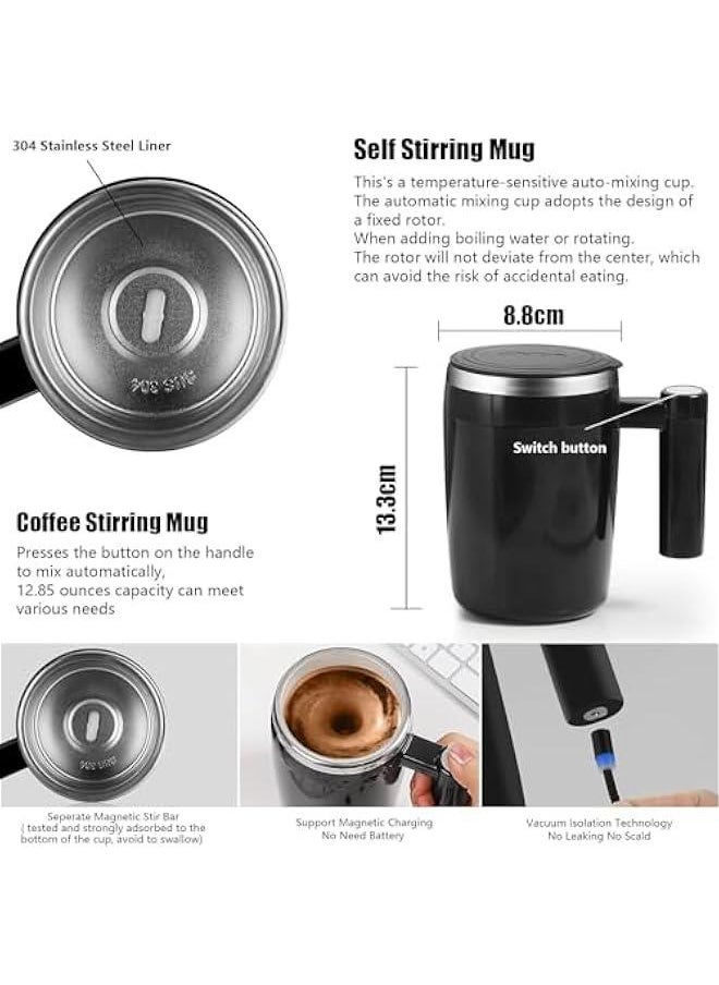 Self Stirring Mug,Rechargeable Auto Magnetic Coffee Mug with 2Pc Stir Bar,Waterproof Automatic Mixing Cup for Milk/Cocoa at Office/Kitchen/Travel 14oz Best Gift - Black