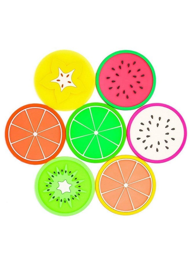 7 Pcs Fruit Coaster, Non Slip Silicone Heat Insulation Coasters, Cute Slice Drink Cup Mat For Bar Kitchen And Patio Tabletop