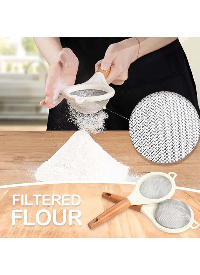 2PCS Strainers Fine Mesh,Small 30 Mesh Fine Mesh Kitchen Sieve Sifters With Wooden Handle, Stainless Steel Colanders Skimmer For Straining Flour, Quinoa, Tea, Juice, Sugar