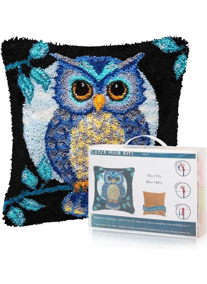 Msoesticc.dl Latch Hook Kits for DIY Throw Pillow Cover, Cute Owl Pattern Sofa Cushion Cover Latch Hook Craft Kits with Printed Canvas for Beginners Adults - 17 x 17 Inch