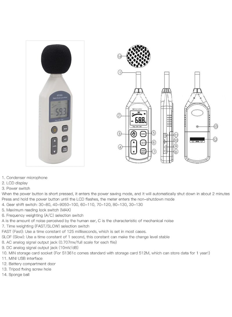 Sound Level Meter Usb Decibel Tester with Lcd Screen 30-130dba 35-130dbc Noise Recorder for Shopping Malls Hy-1361