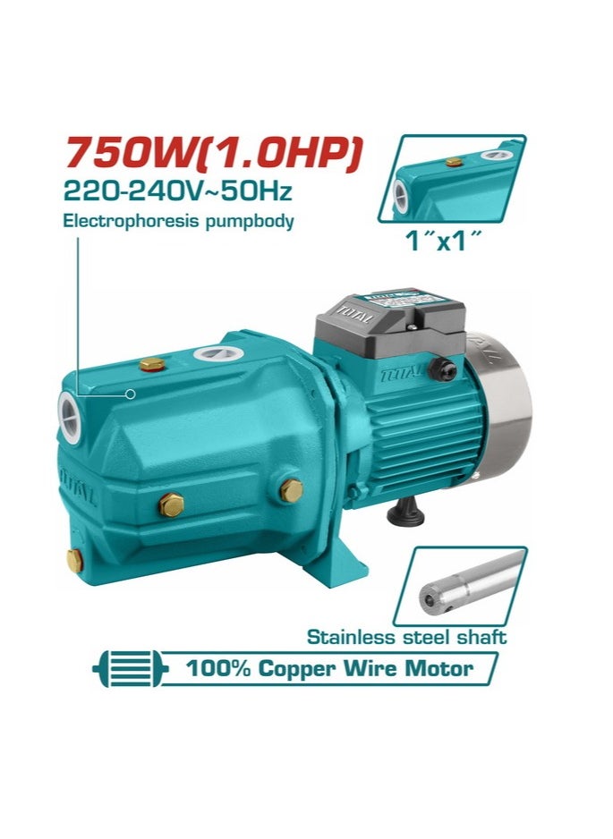 TOTAL Water Pump 750W 1HP Self-Priming Jet Pump 51m Max Head, 55L/min Flow, Copper Motor, Stainless Steel Impeller - 220-240V, 9m Suction, 1